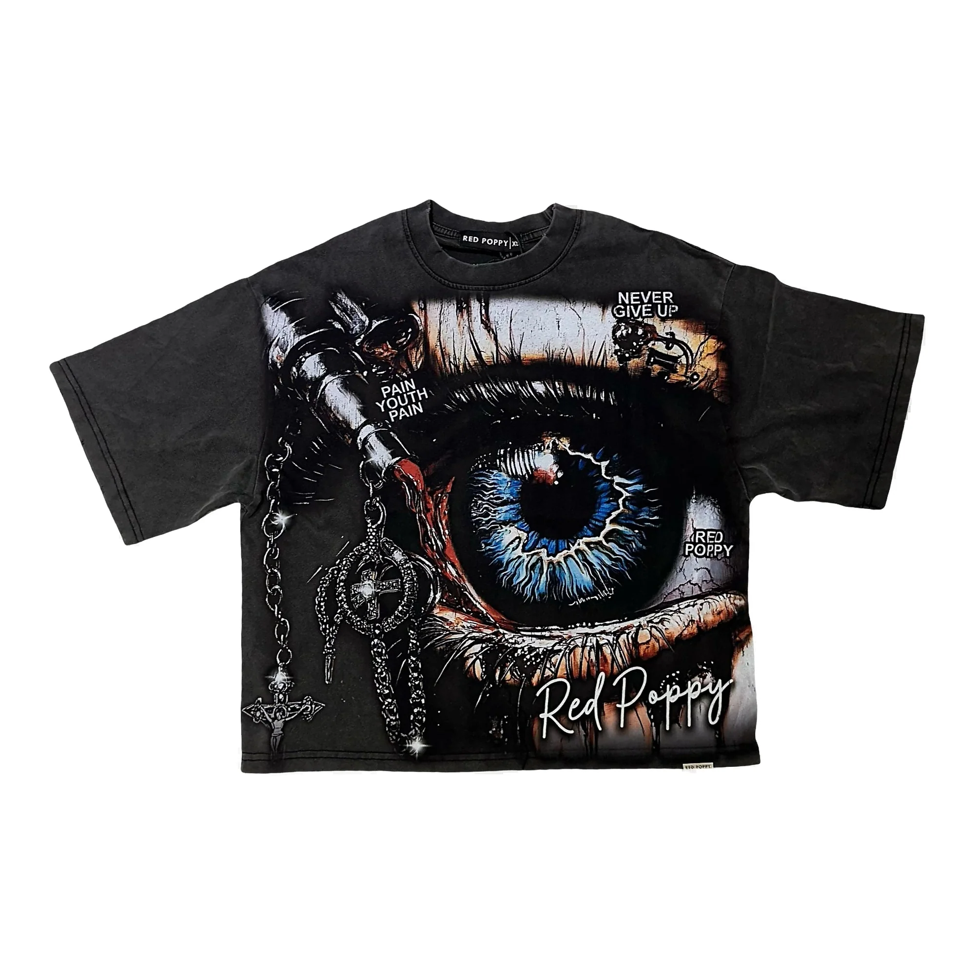 Red Poppy Vintage Black T-Shirt - Solid Color