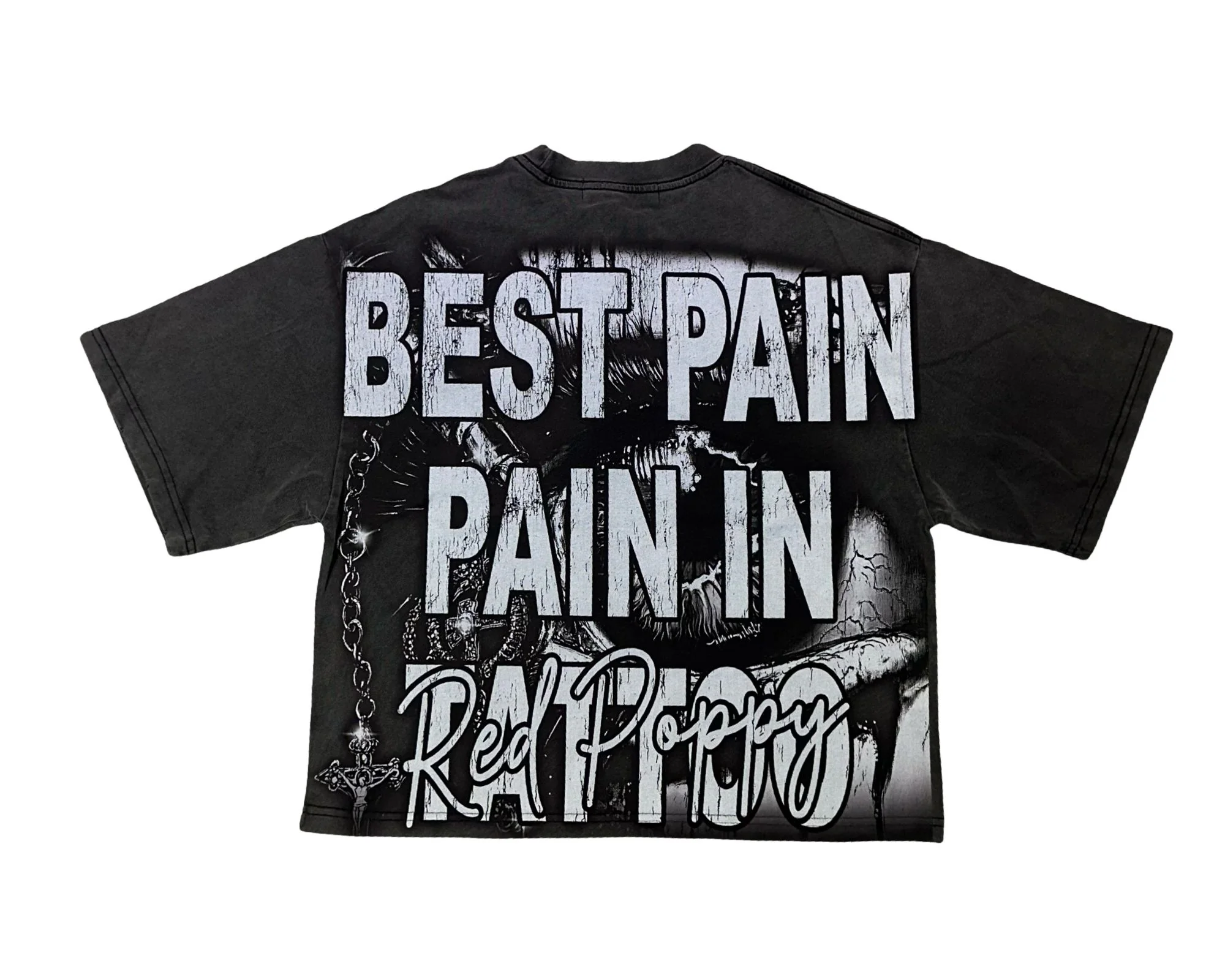 Red Poppy Vintage Black T-Shirt - Solid Color - Image 2