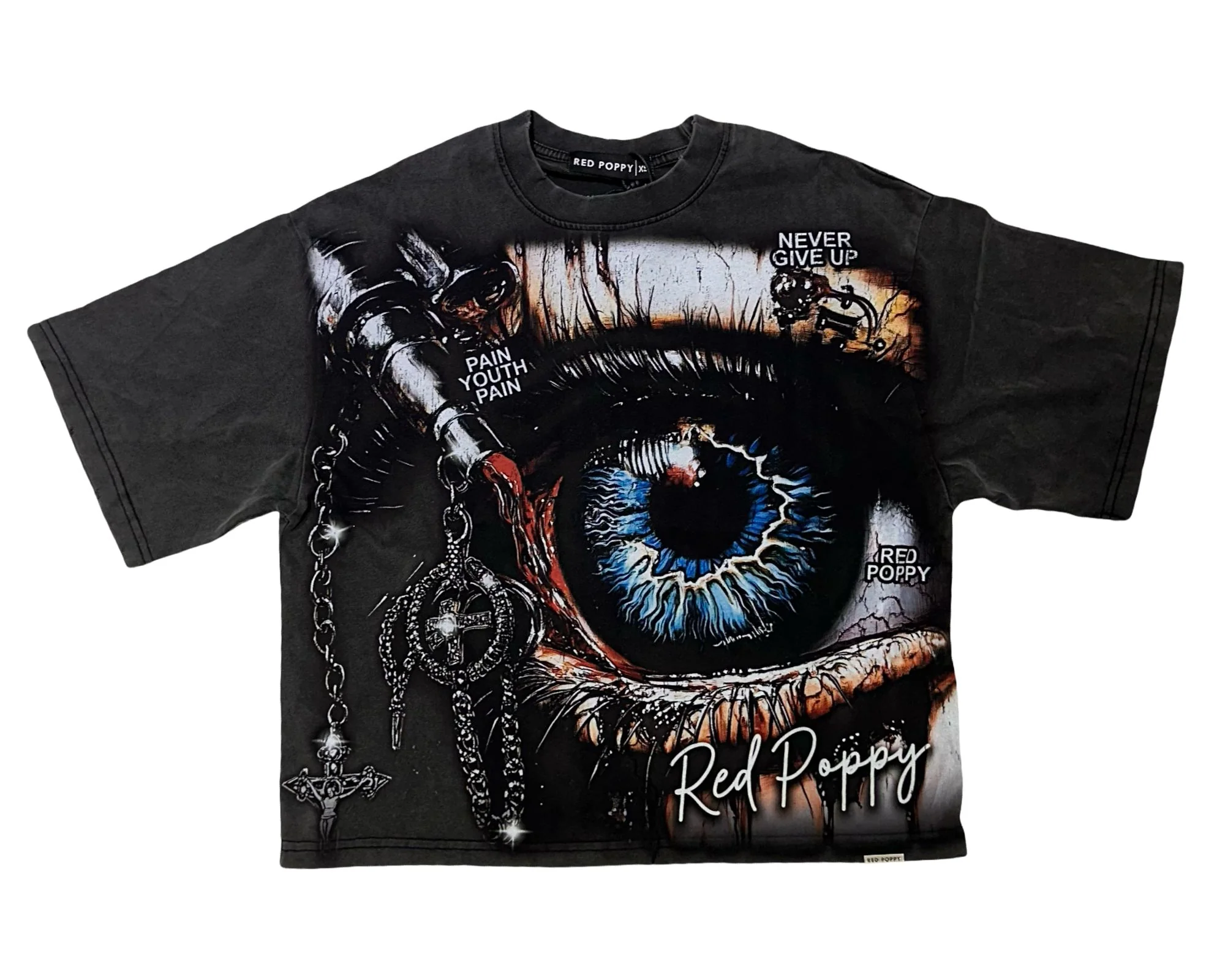 Red Poppy Vintage Black T-Shirt - Solid Color - Image 3